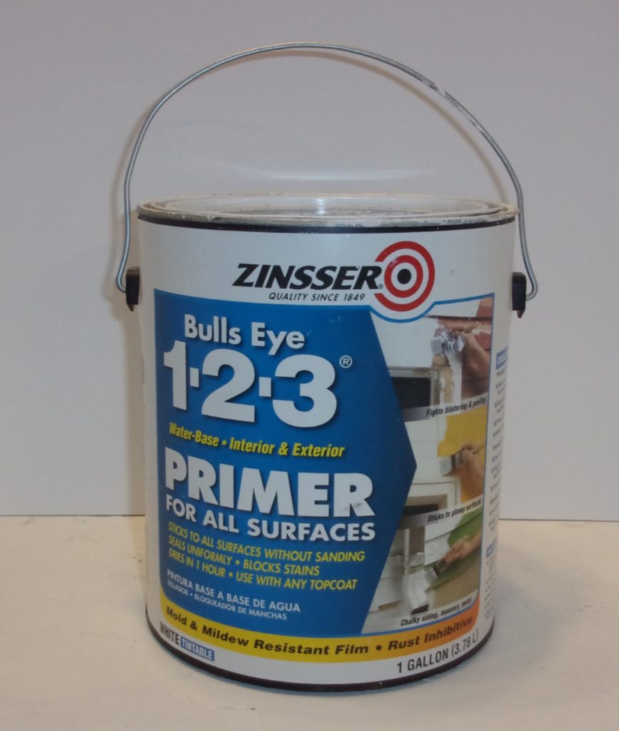 Can of Zinsser White Primer for blocking stains in furniture makeovers