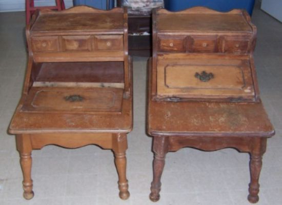 a pair of colonial style end tables that are dirty, scratched up, and need repair and paint